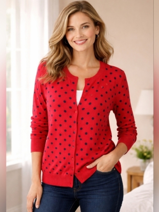 Ellen Tracy Sweaters - Ellen Tracy Red Sweater with Navy Polka Dots